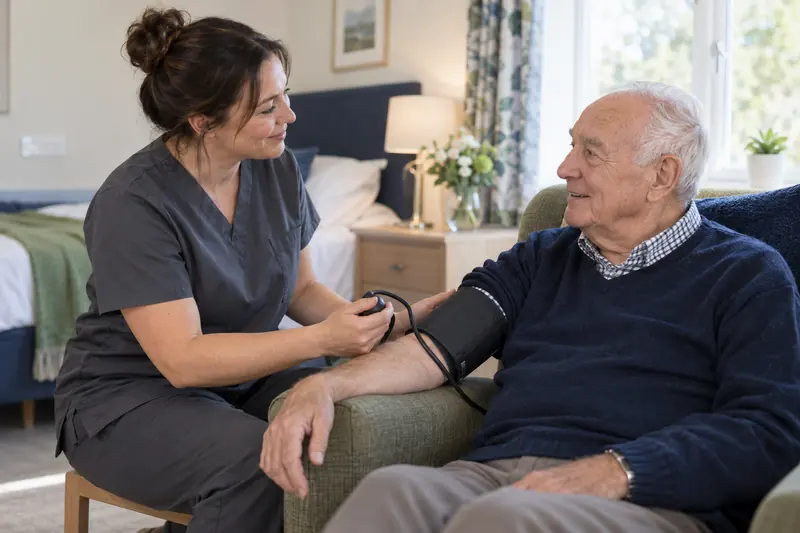 A healthcare assistant checking an older man's blood pressure