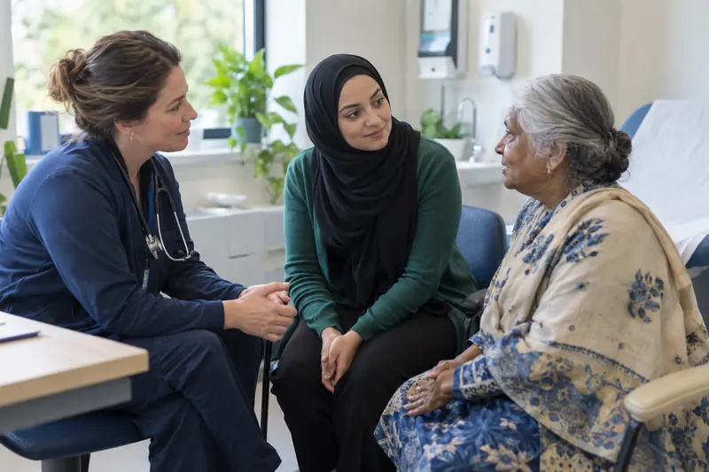 An interpreter supporting a conversation between a GP and a patient