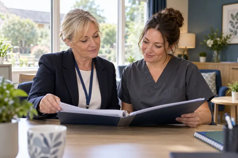 A registered manager reviewing a care plan with a senior care worker in a care home office